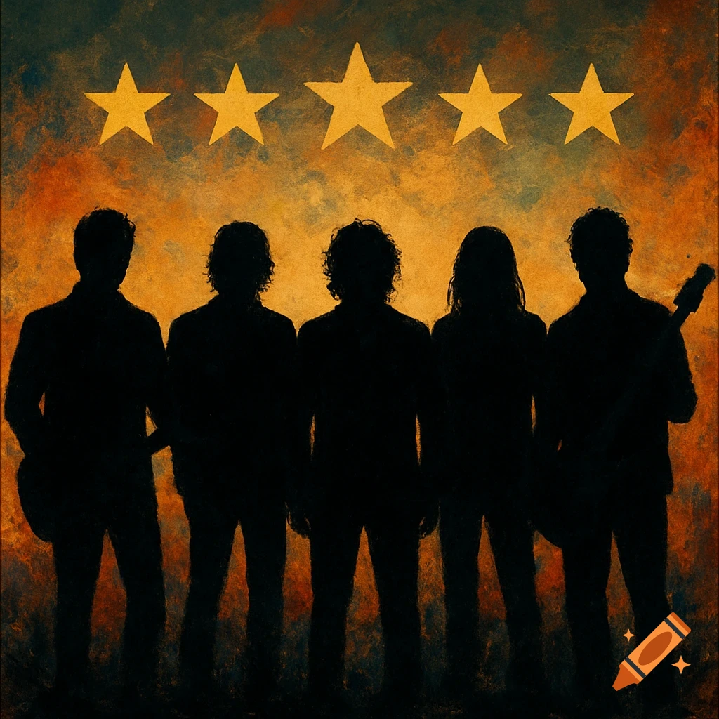 Silhouettes of a five-person band beneath five yellow stars on a textured background.