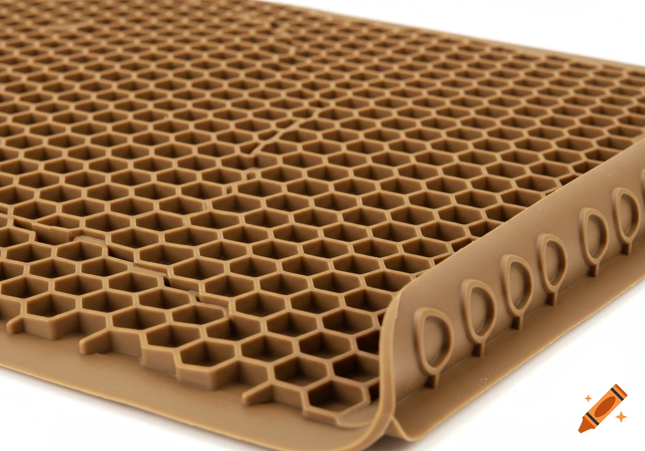 Close-up of a tan honeycomb pattern cat litter mat.