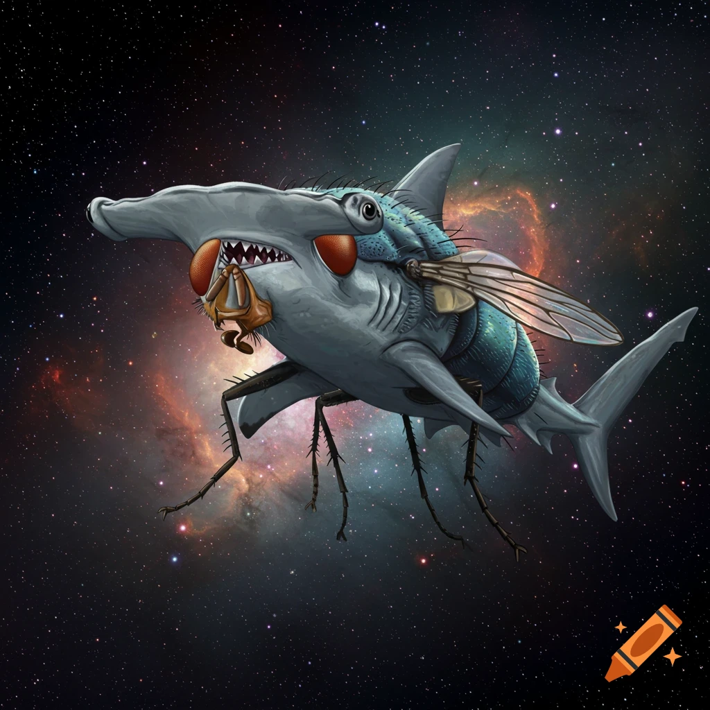 A surreal fantasy creature, a fusion of a hammerhead shark and a fly, floats in deep space.