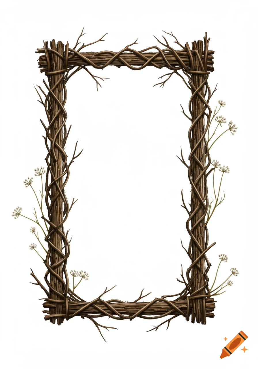 Rectangular frame made of woven branches and twigs with small white flowers on a white background.
