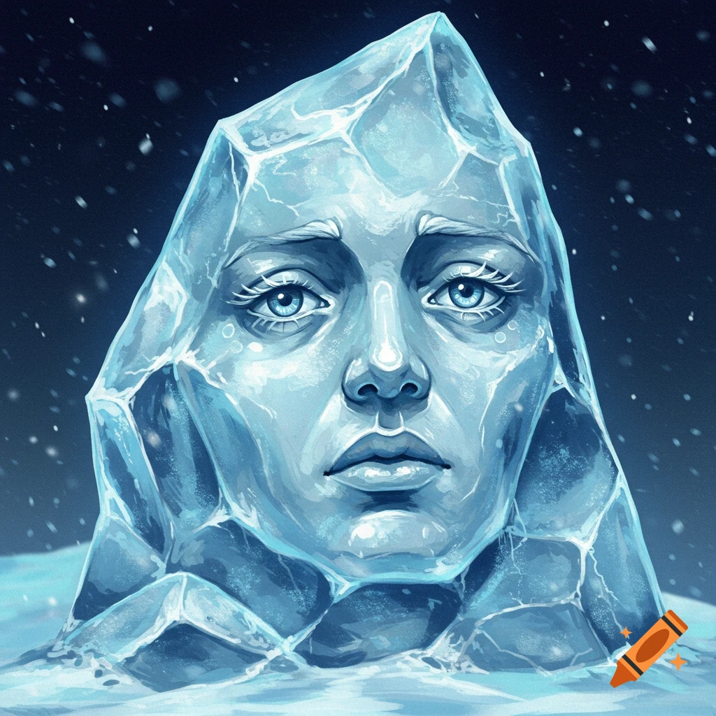 A detailed face appears in a block of ice, with blue eyes, against a dark, snowy background.