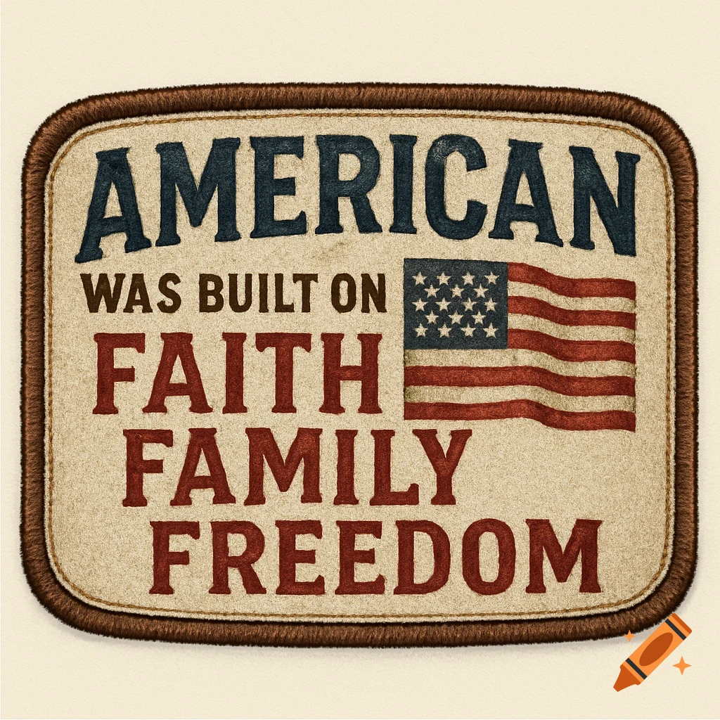 A hat patch logo with the American flag and text that reads 'American was built on faith family freedom'.