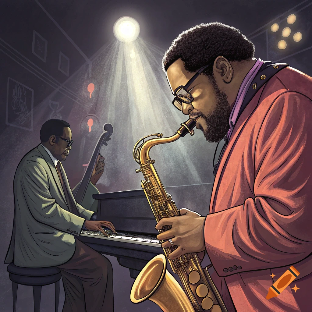 Illustration of a saxophonist playing under a spotlight with a pianist and bass player in the background of a dimly lit club.