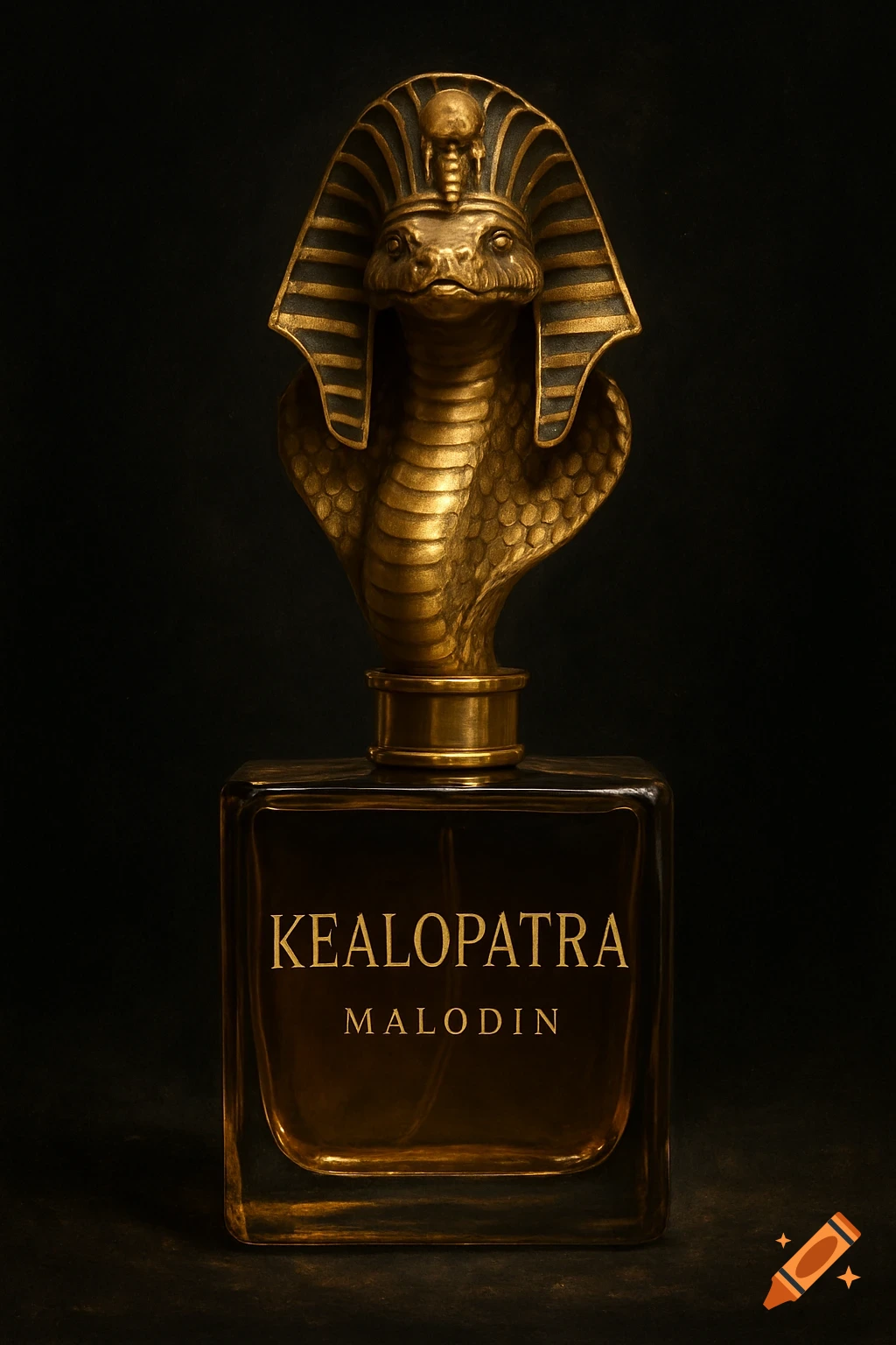 Perfume bottle with a golden cobra head cap wearing a Cleopatra crown, on a black background.