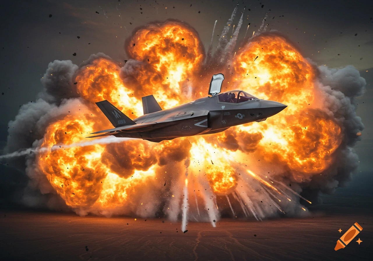 F-35 jet flying through a large explosion