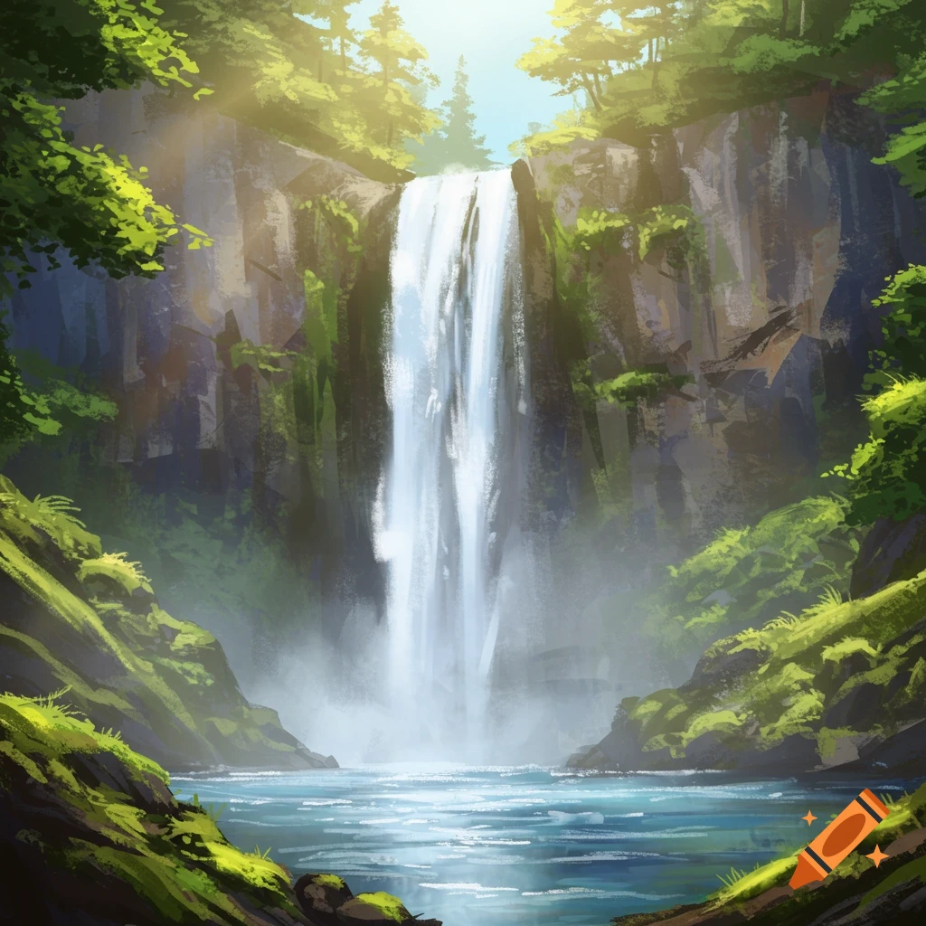 A painterly landscape shows a tall waterfall cascading into a pool surrounded by mossy cliffs and green foliage.