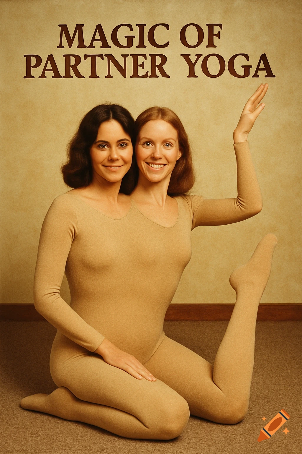 Two women in one outfit doing a yoga pose, text "MAGIC OF PARTNER YOGA" above, vintage photo style.