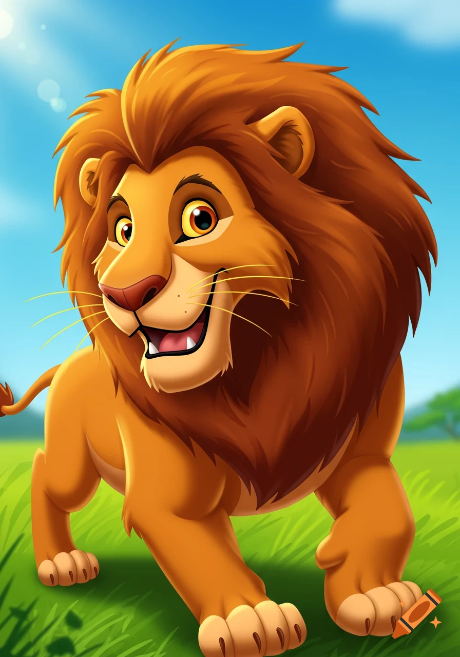 A happy cartoon lion stands in a sunny, grassy field.
