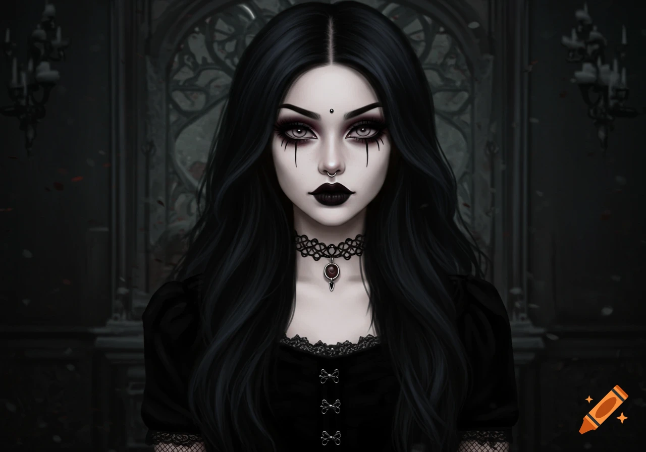 A close-up portrait of a woman with dark hair, pale skin, black lipstick, dark eye makeup, and a black lace choker necklace.