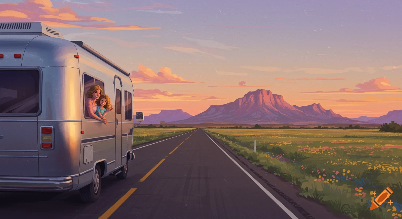 Illustration of an RV driving on a highway at sunset, with a woman and child looking out, mountains in the distance.