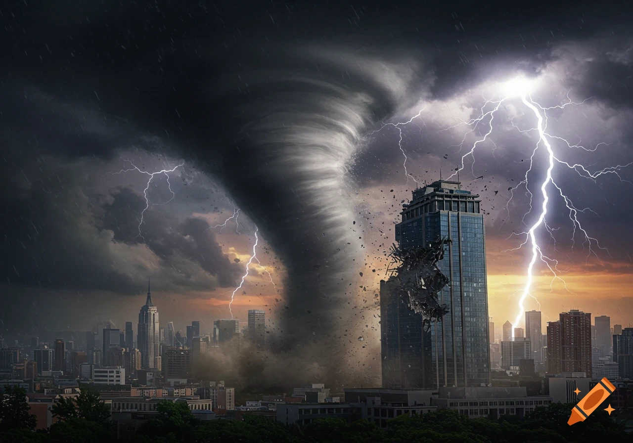 A large tornado tears through a city skyline, hitting a tall building during a thunderstorm with lightning.