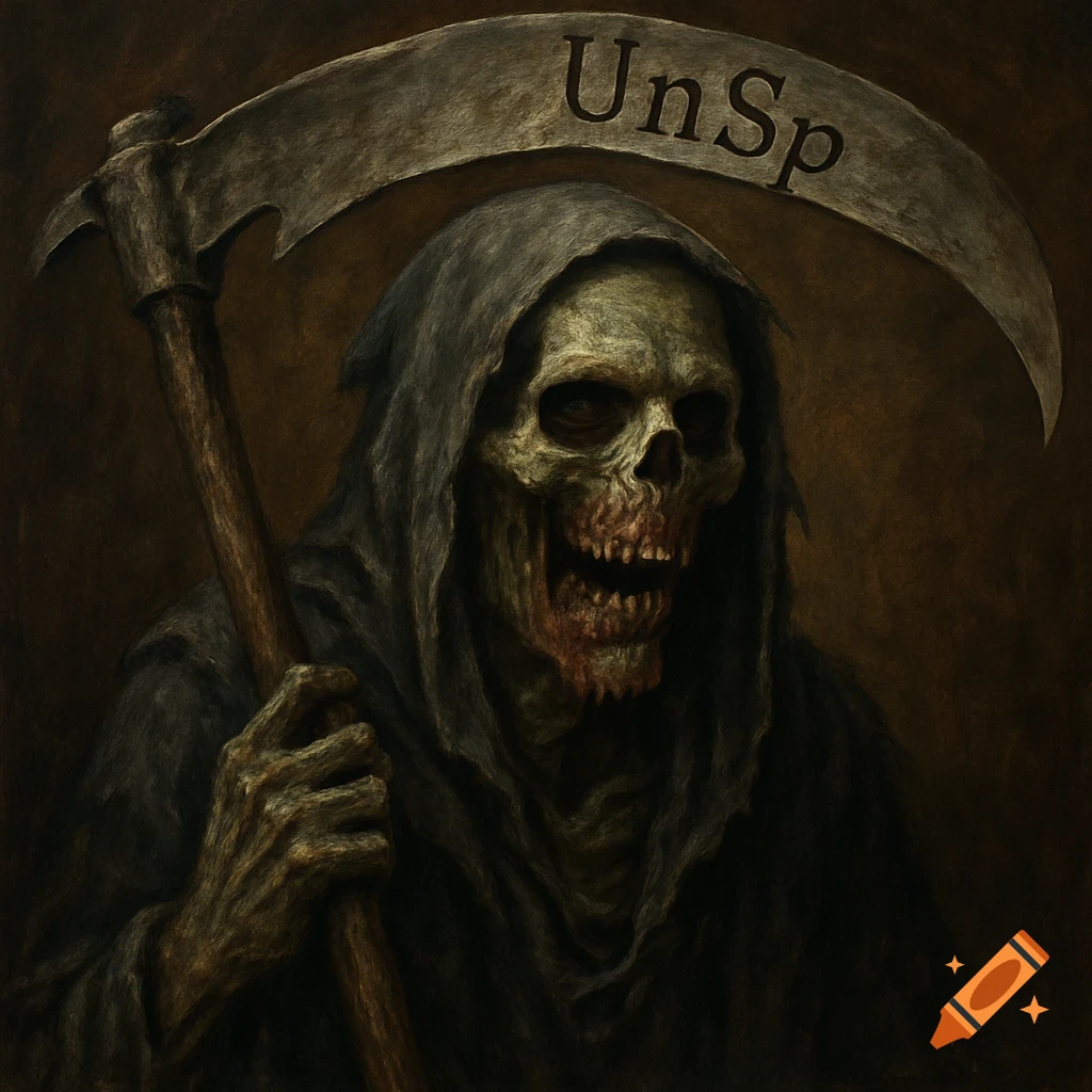A skeletal grim reaper in a dark hooded cloak holds a scythe with 'UnSp' engraved on the blade, in a dark painted style.