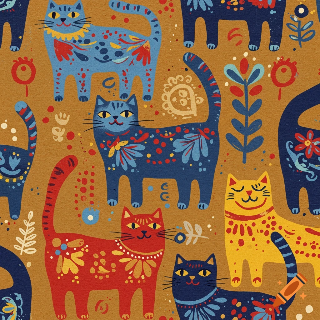 Seamless pattern of stylized cats and folk art elements in red, blue, and yellow on a brown background.