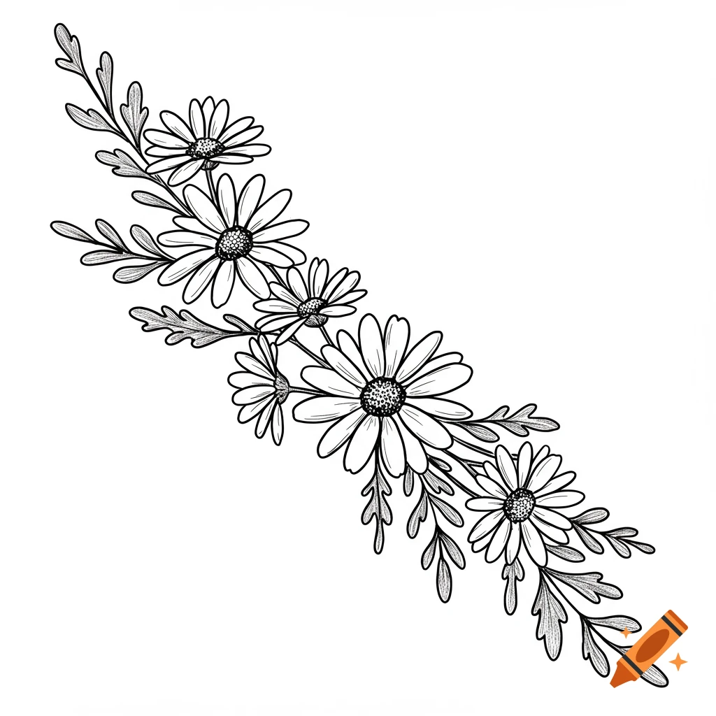 Black and white hand-drawn illustration of a spray of daisies and leaves.