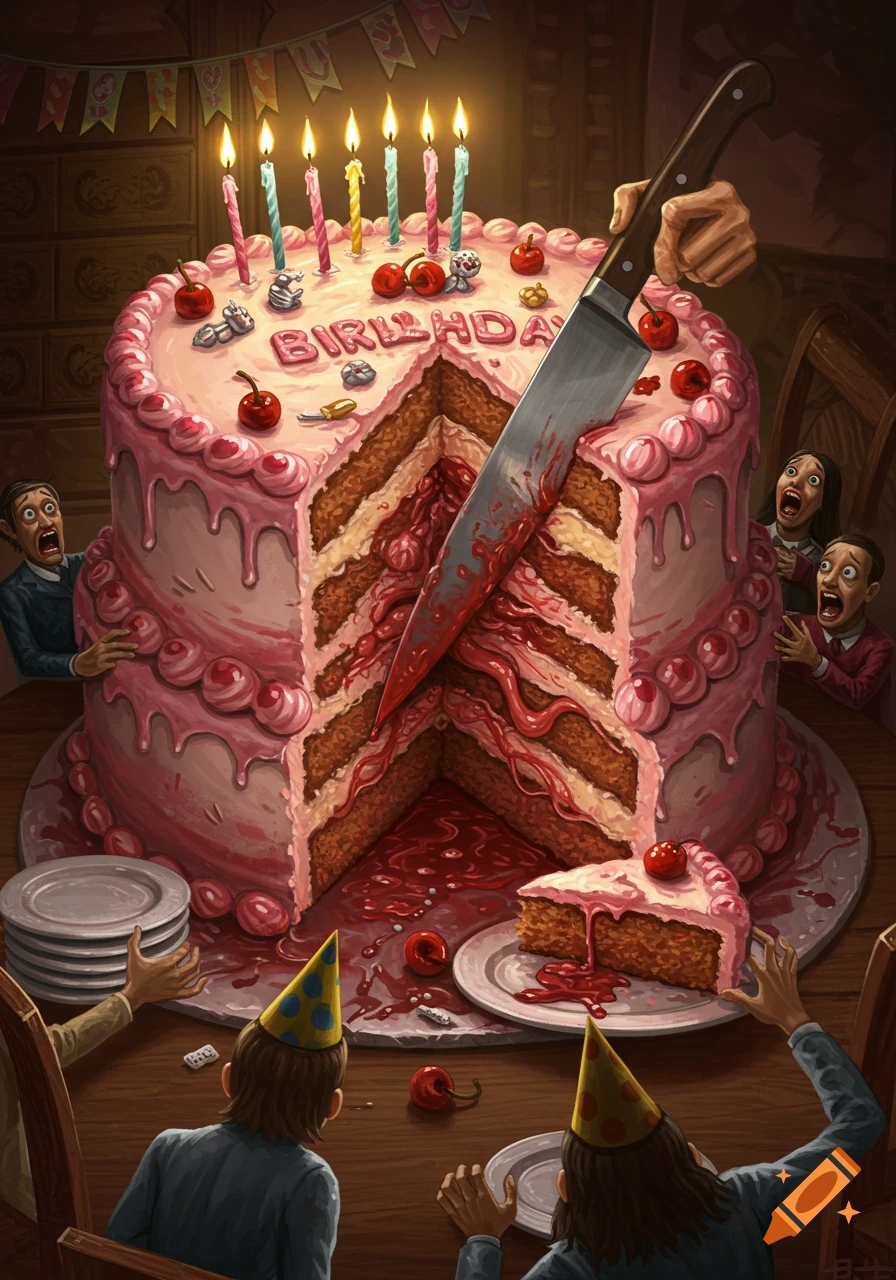 A gruesome birthday cake with a bloody, gut-like filling being sliced by a knife, while partygoers recoil in horror. Illustrated style.
