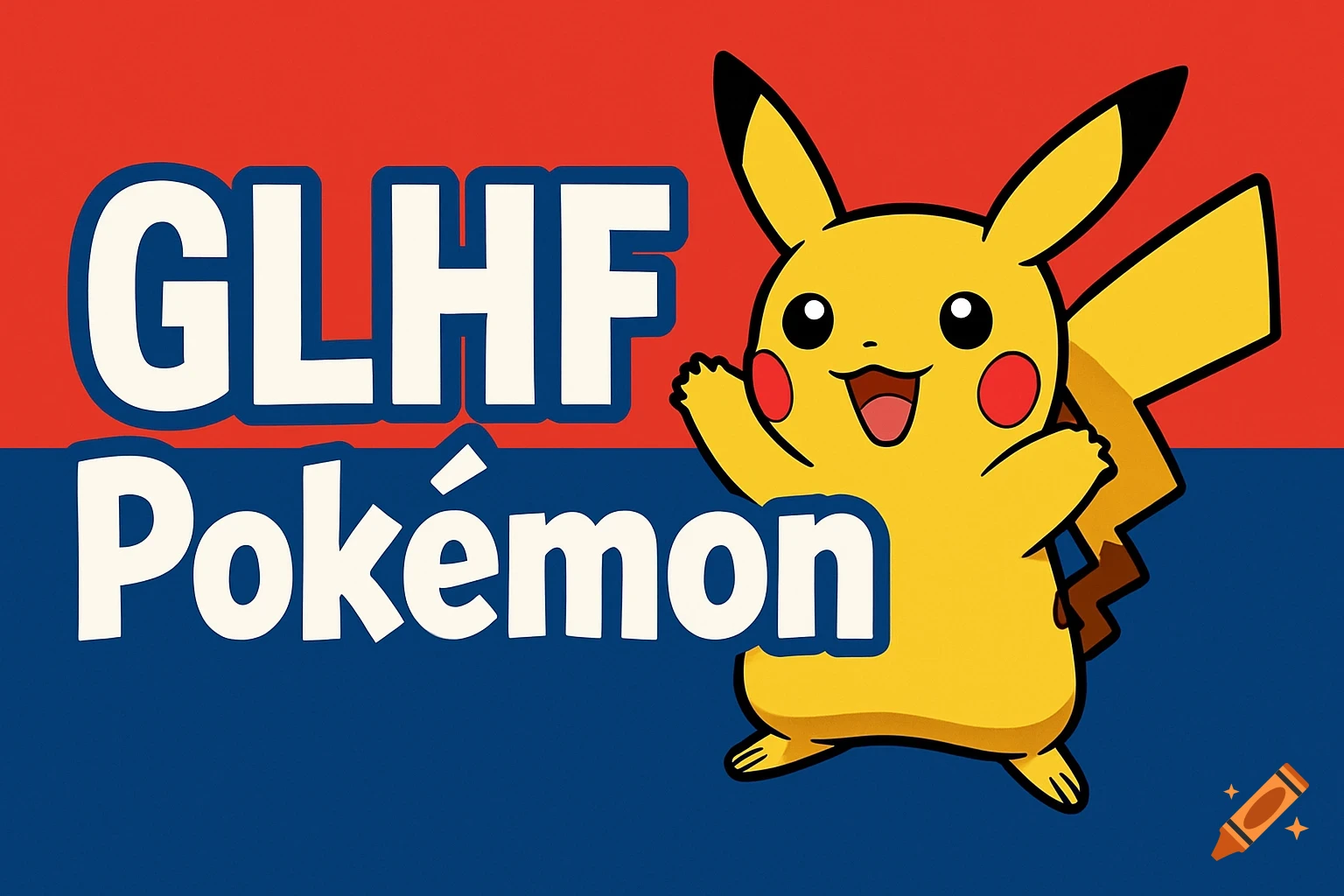 Pikachu with text GLHF Pokémon on a red and blue background.