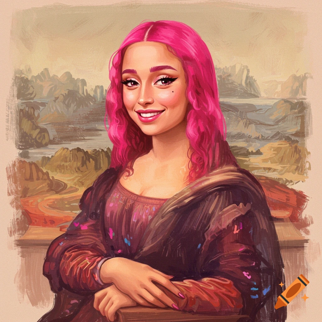 A painterly portrait of a woman with pink hair, styled like the Mona Lisa, smiling in front of a landscape.
