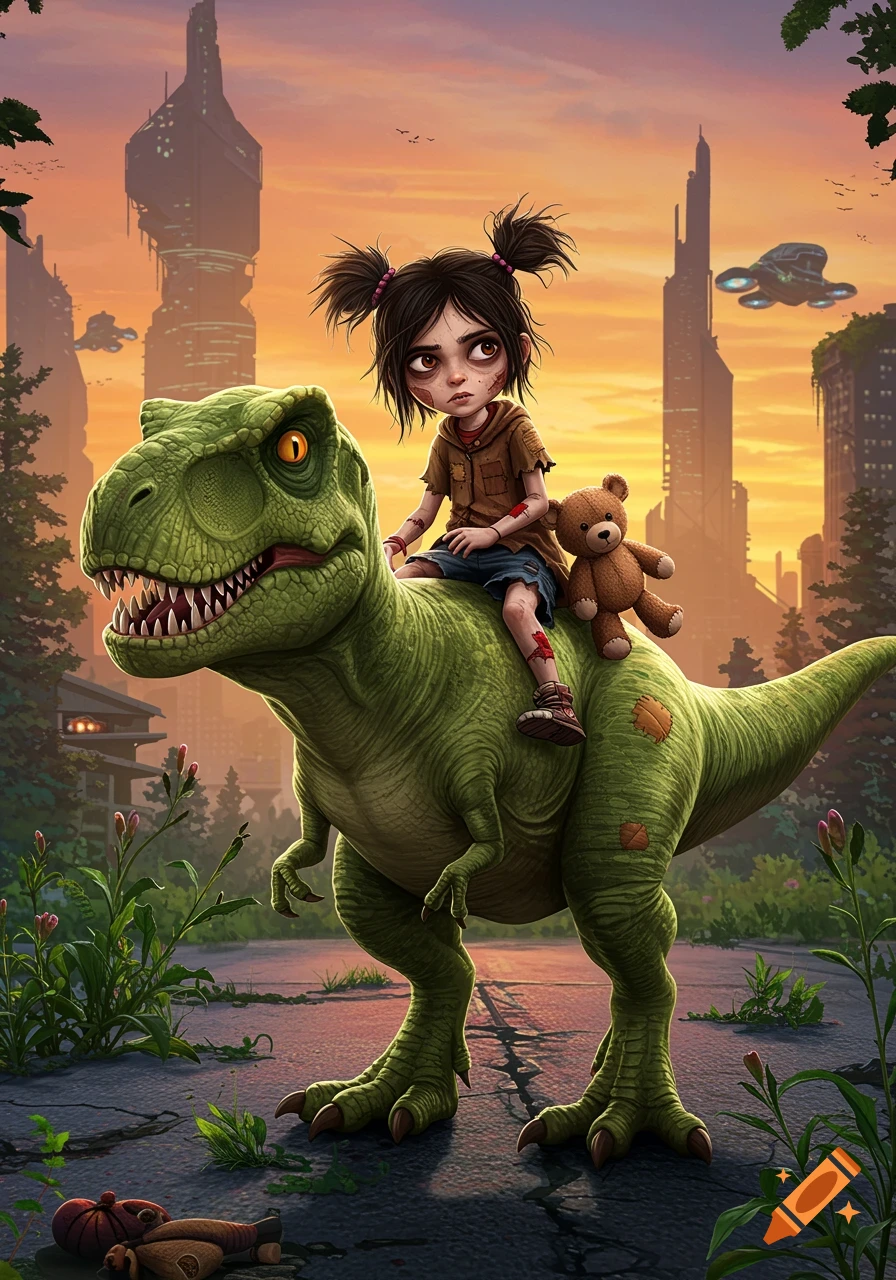 A girl rides a large green dinosaur through ruined streets towards futuristic buildings at sunset.