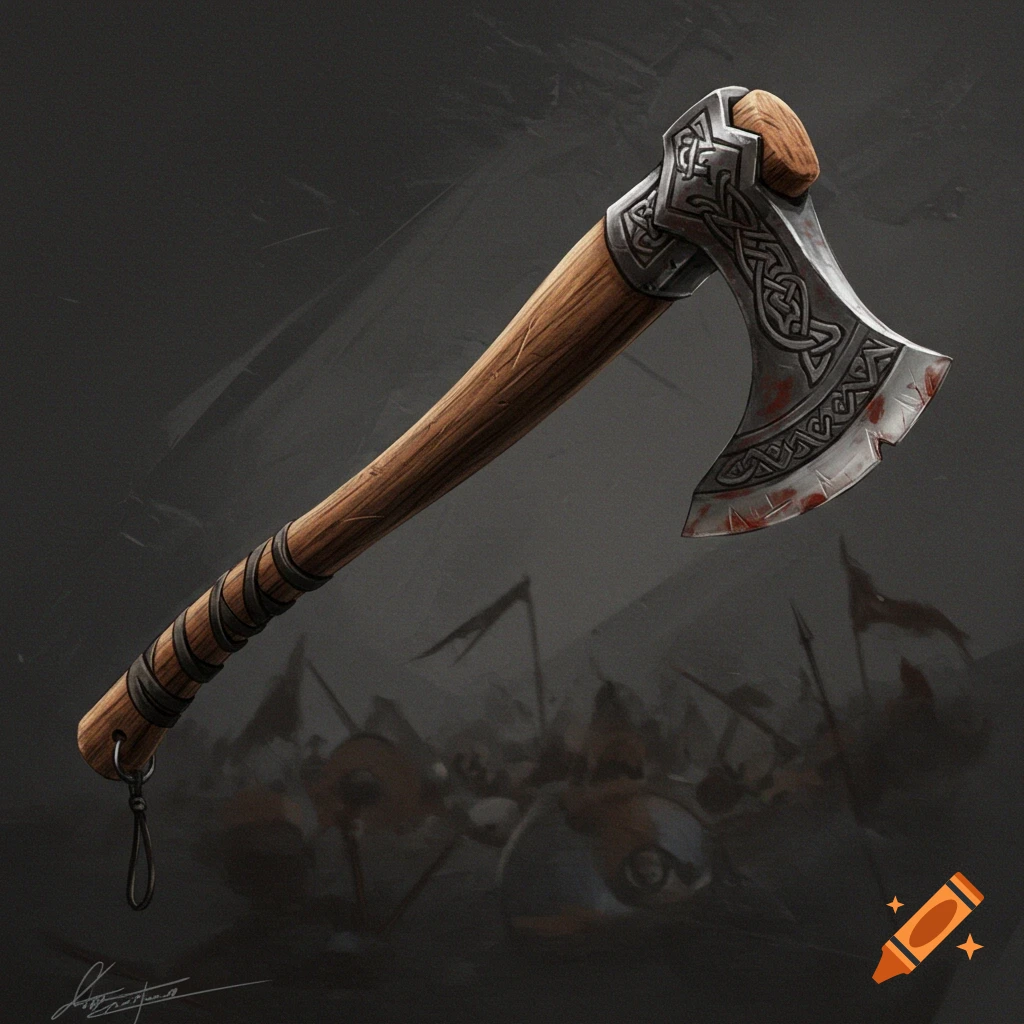 Detailed illustration of a Viking battleaxe with bloodstains against a blurred background of warriors.