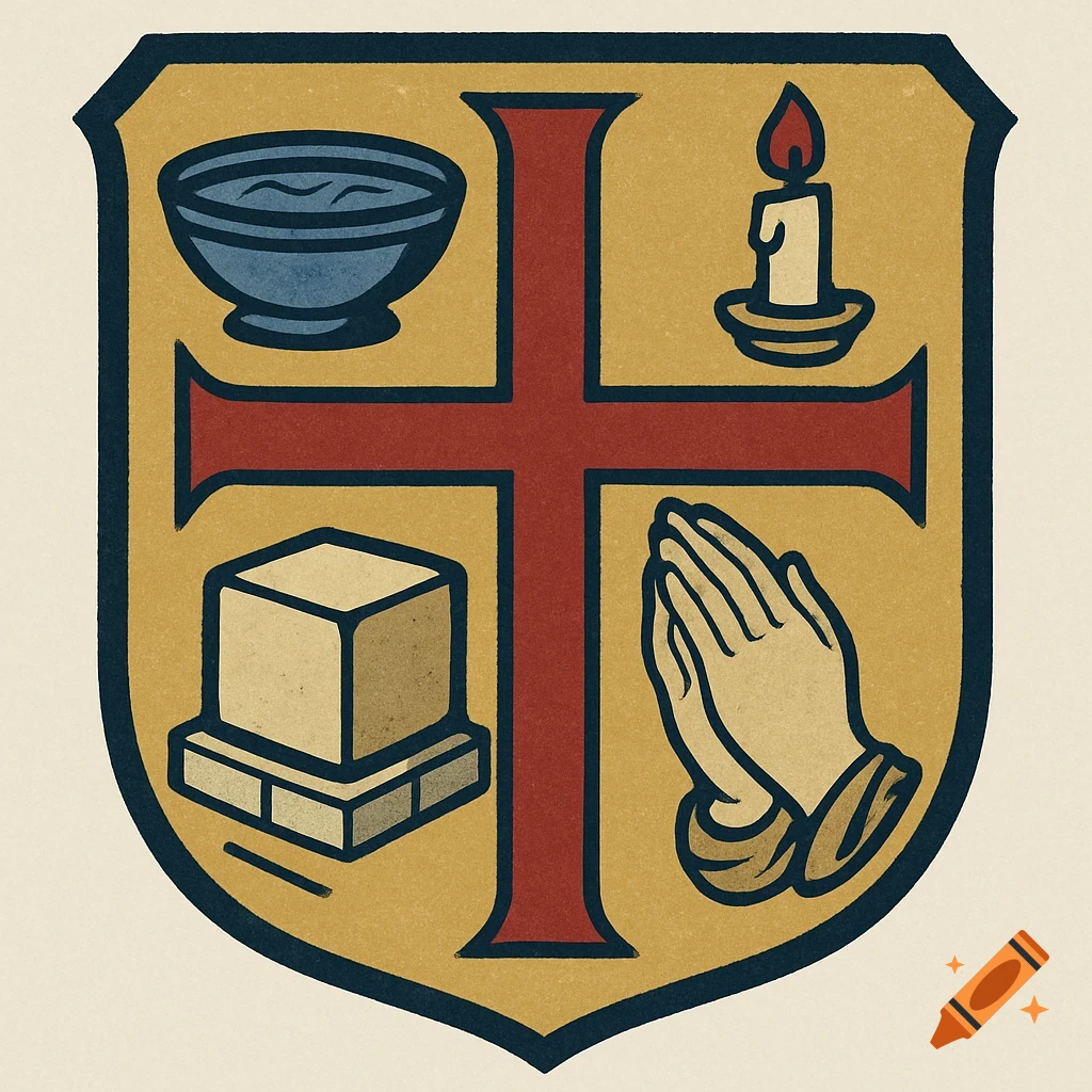 Crest with red cross, bowl, candle, praying hands, and block on gold shield, simple illustration style.