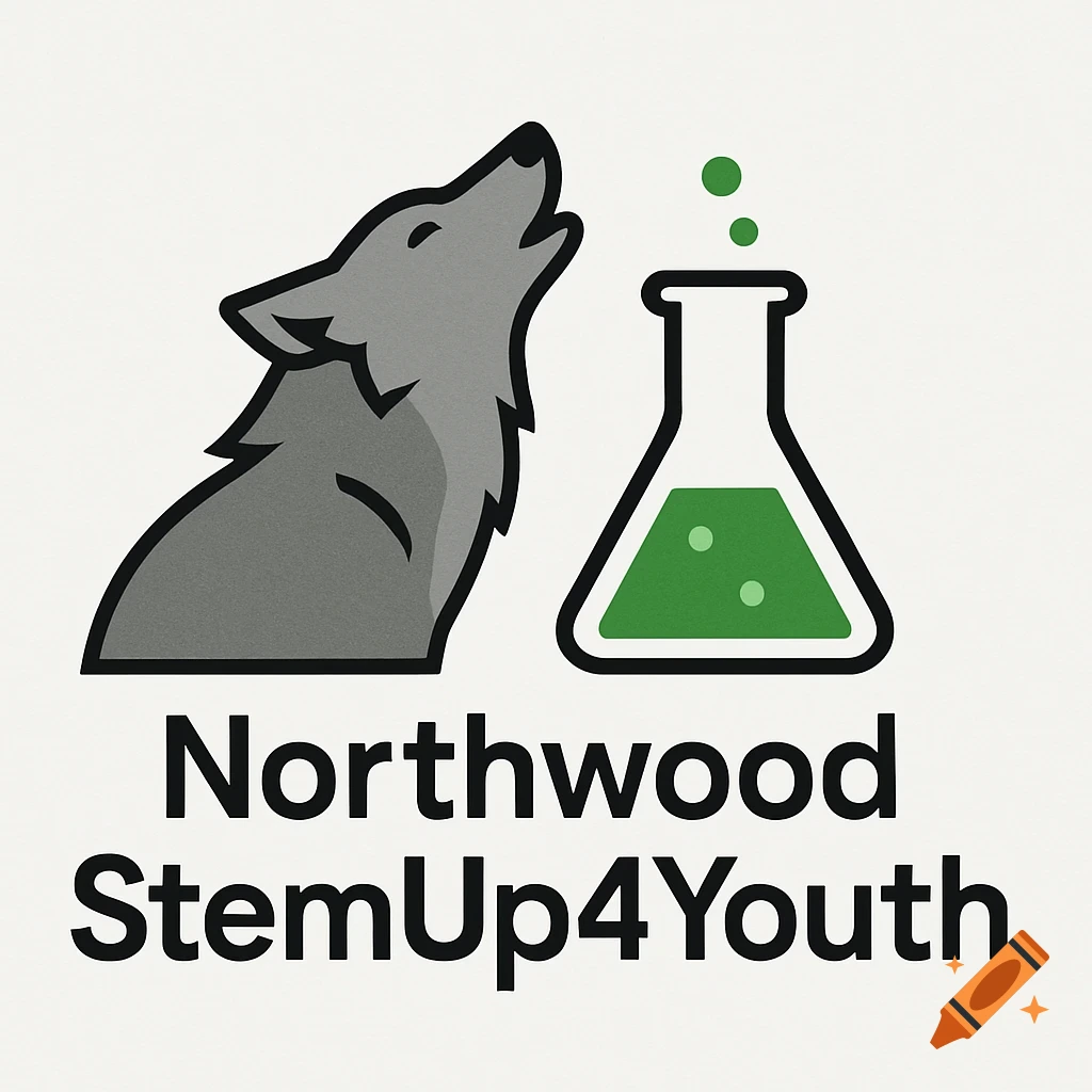 Logo with a grey howling wolf next to a conical flask with green liquid, text below reads 'Northwood StemUp4Youth'.