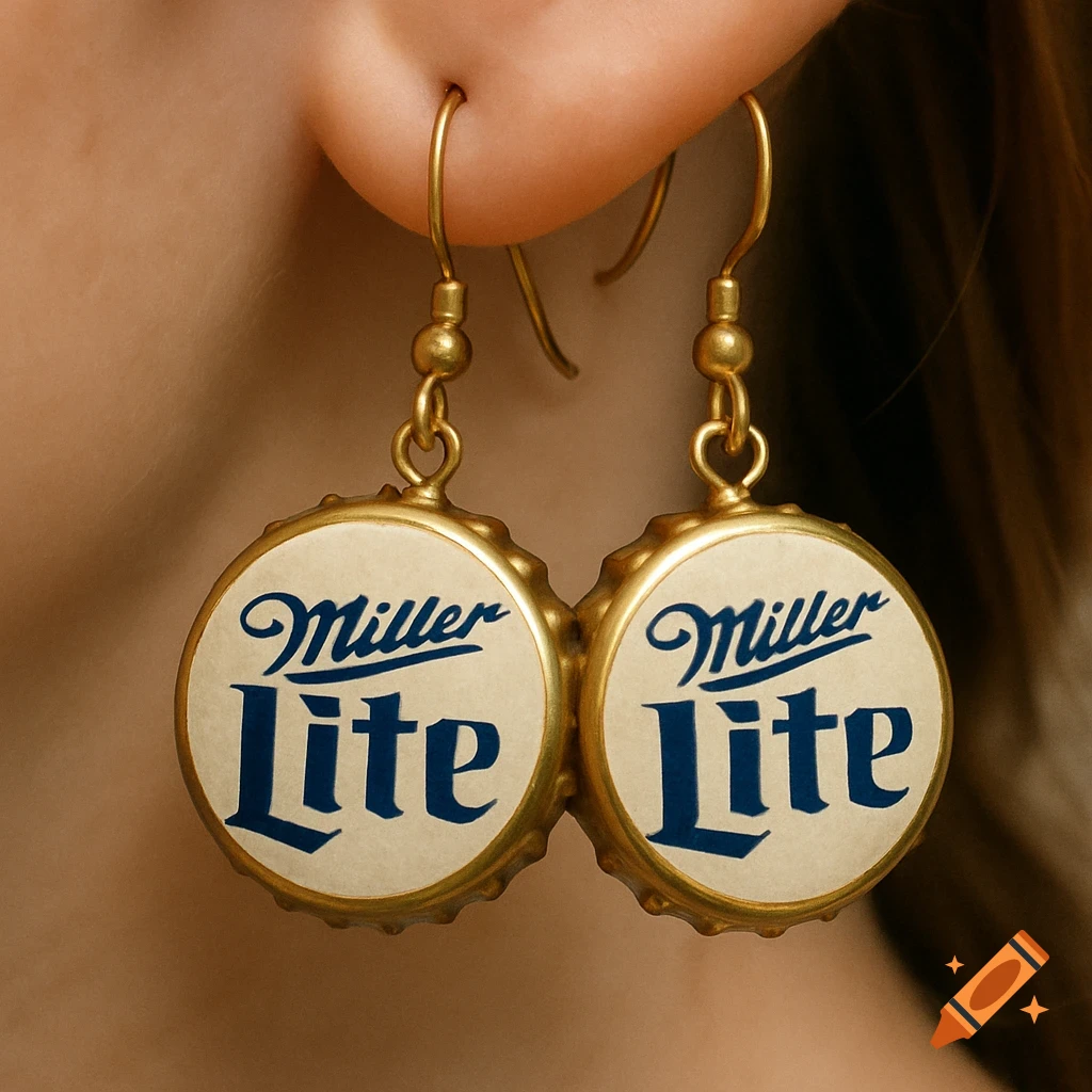 Pair of earrings made from Miller Lite bottle caps worn on an ear