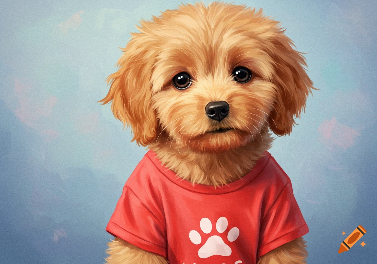Cute golden puppy in a red t-shirt with a paw print and WOOF text, digital painting.