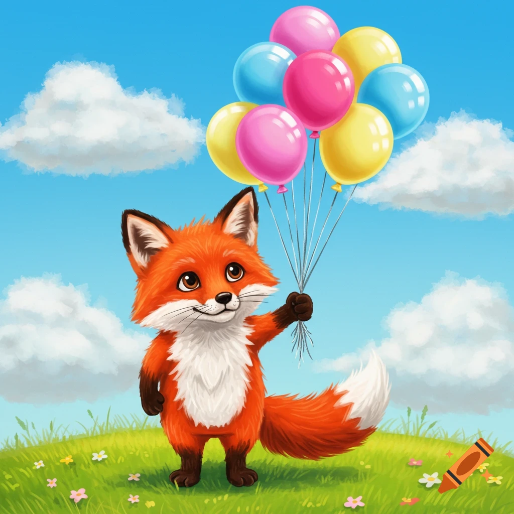 A cute cartoon fox holds a bunch of colorful balloons while standing on a grassy hill under a blue sky.