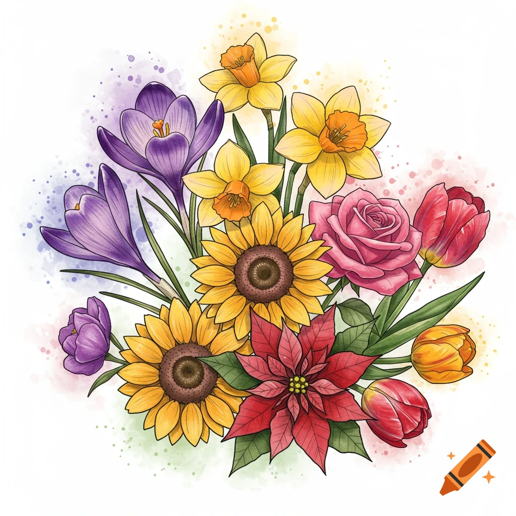 Watercolor illustration of a vibrant bouquet of various flowers.