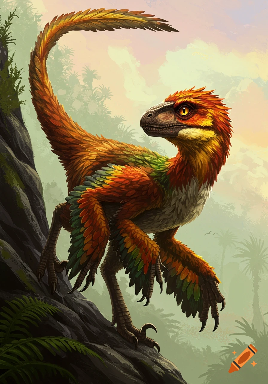 A feathered raptor stands on a rock in a lush, prehistoric landscape.