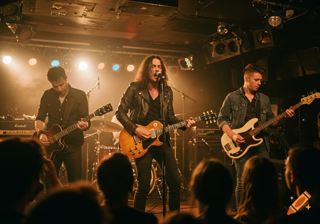 Three musicians play guitars and bass on a stage under warm lights during a concert.