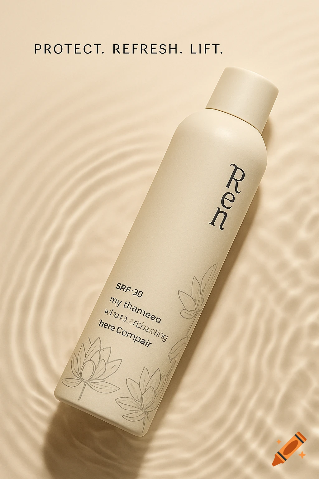 Matte cream aerosol bottle in rippling water with text and lotus illustrations on a beige background.
