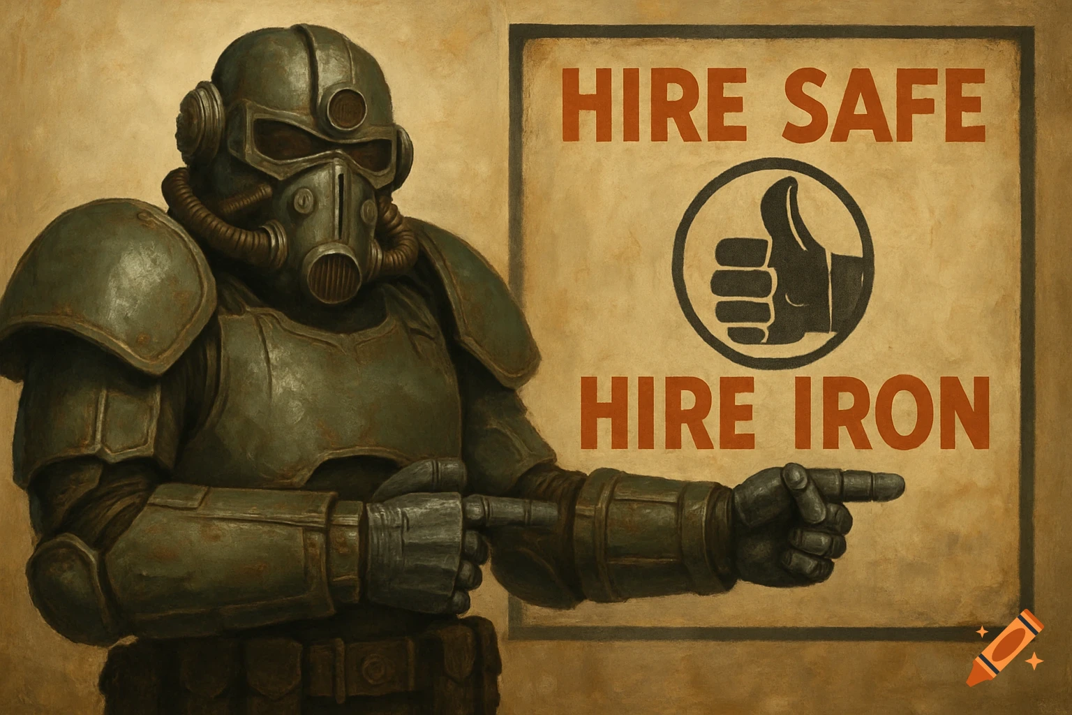 Figure in combat armor points at a vintage style poster reading 'Hire Safe, Hire Iron'.