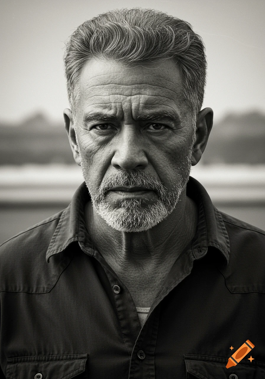 Black and white portrait of a man with gray hair and beard.