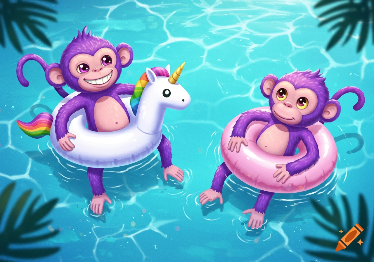 Two cartoon purple monkeys swim in a pool with a unicorn floaty and a pink ring.