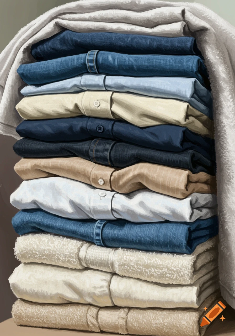 A stack of folded clothes and towels, painted in a realistic style.