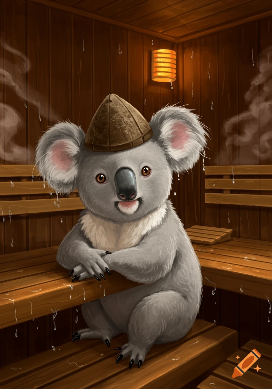 An illustration of a cute koala wearing a sauna hat in a sauna.