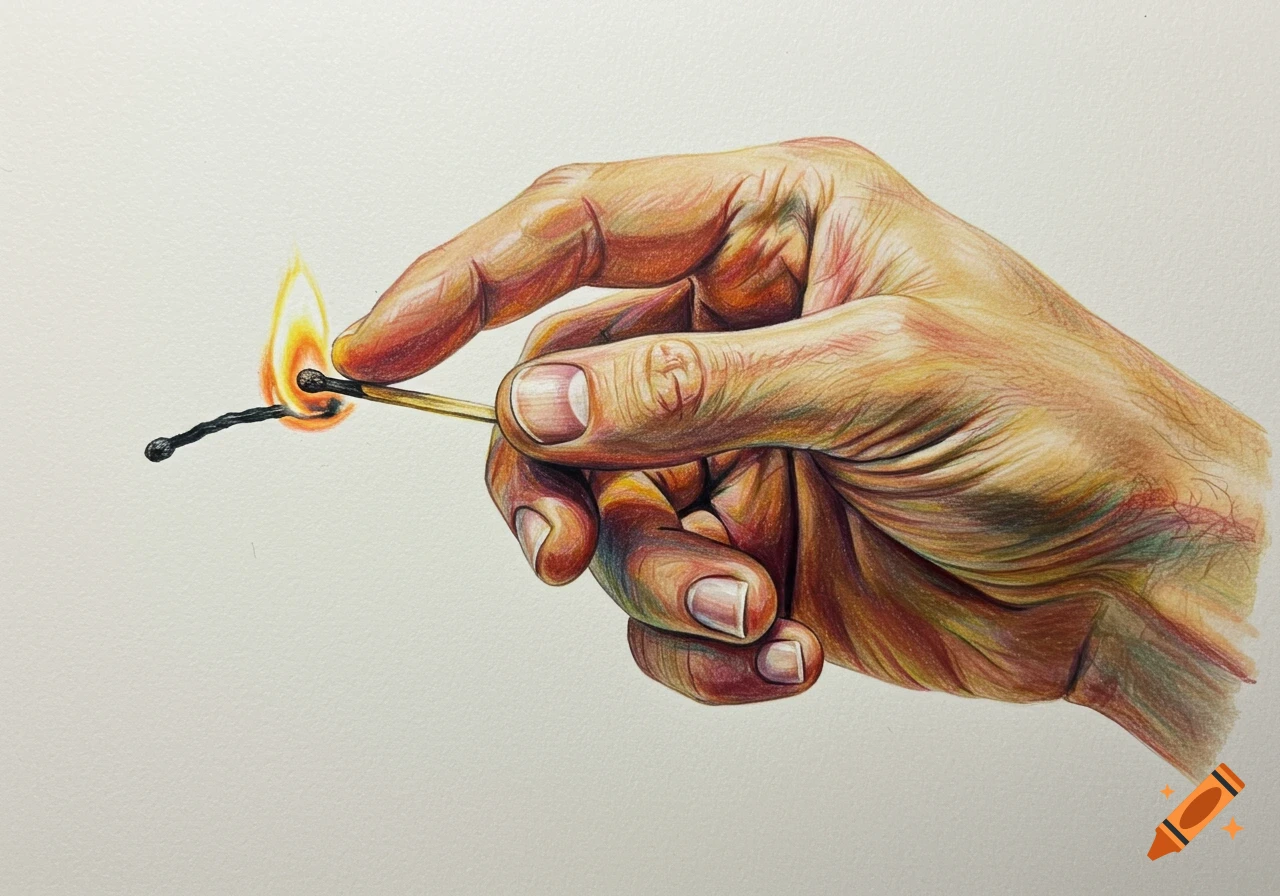 Colored pencil drawing of a hand lighting a match.