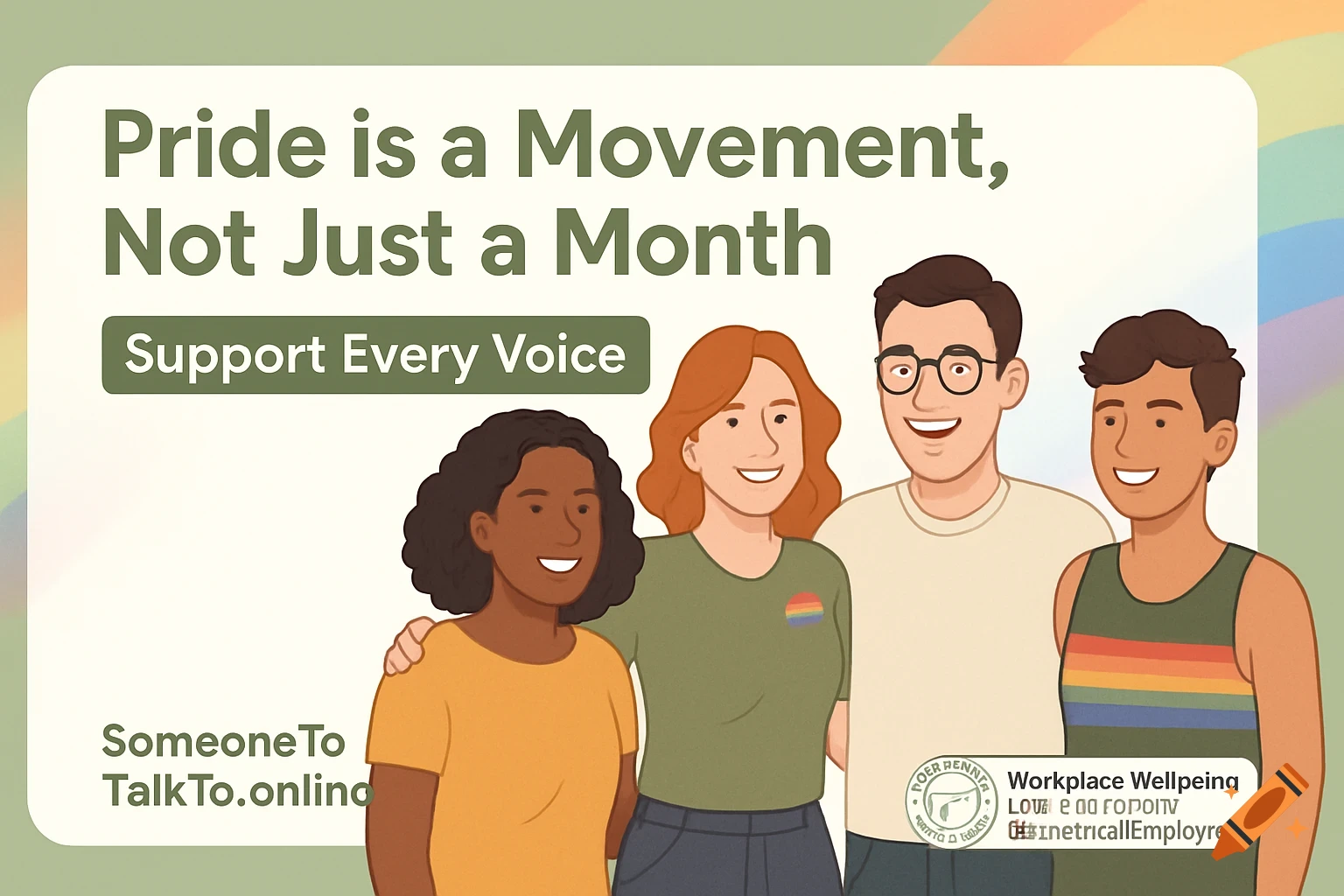 Illustration of diverse people celebrating Pride with text overlay.
