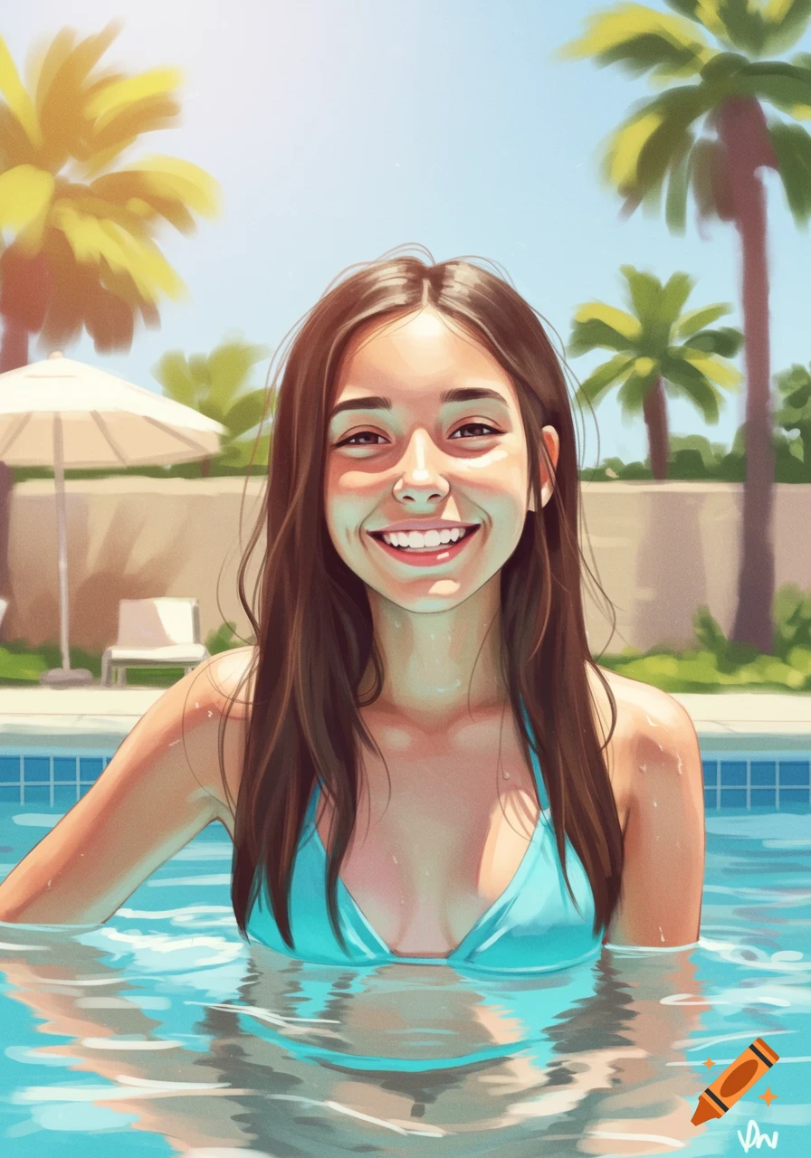 Illustration of a smiling teen girl in a blue bikini in a swimming pool with palm trees under a sunny sky.