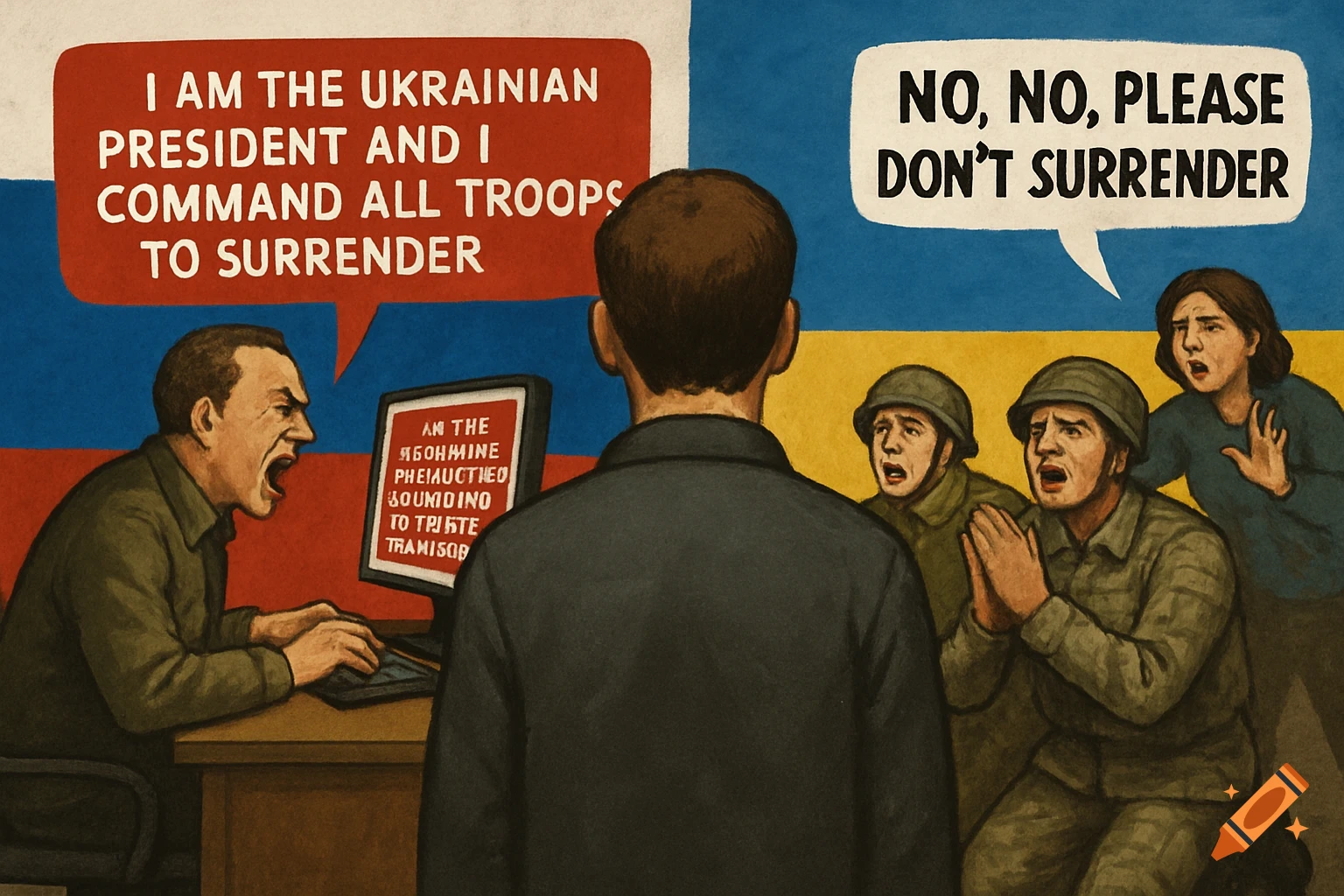 Illustration of a person between Russian and Ukrainian flags. A man under the Russian flag yells text promoting surrender. People under the Ukrainian flag plead against it.