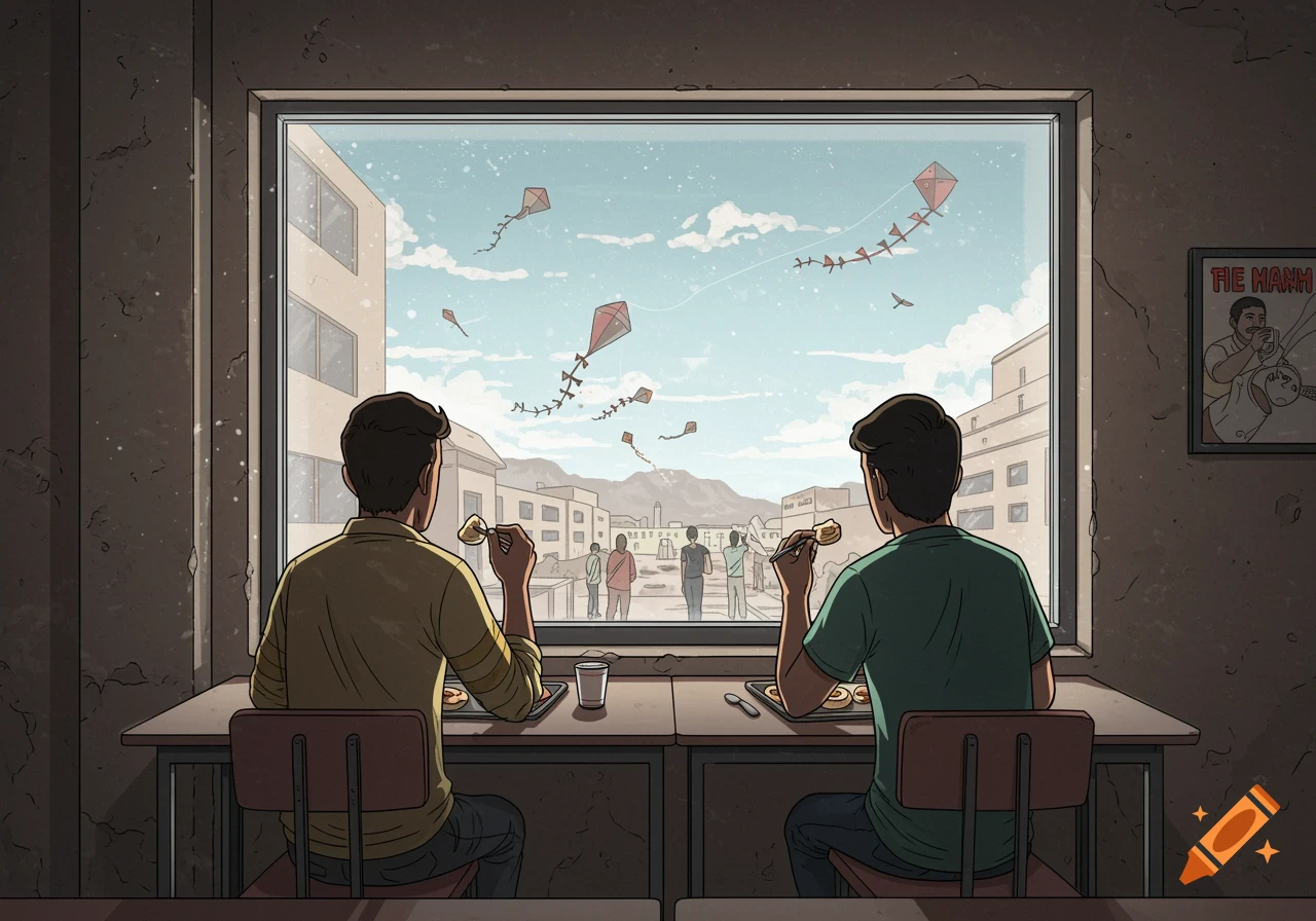 Two people eat at a table looking out a window at a street scene with people flying kites, in a graphic novel style.