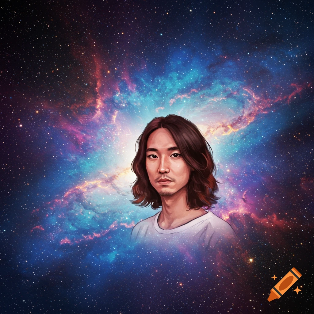 Portrait of a person against a vibrant space background.