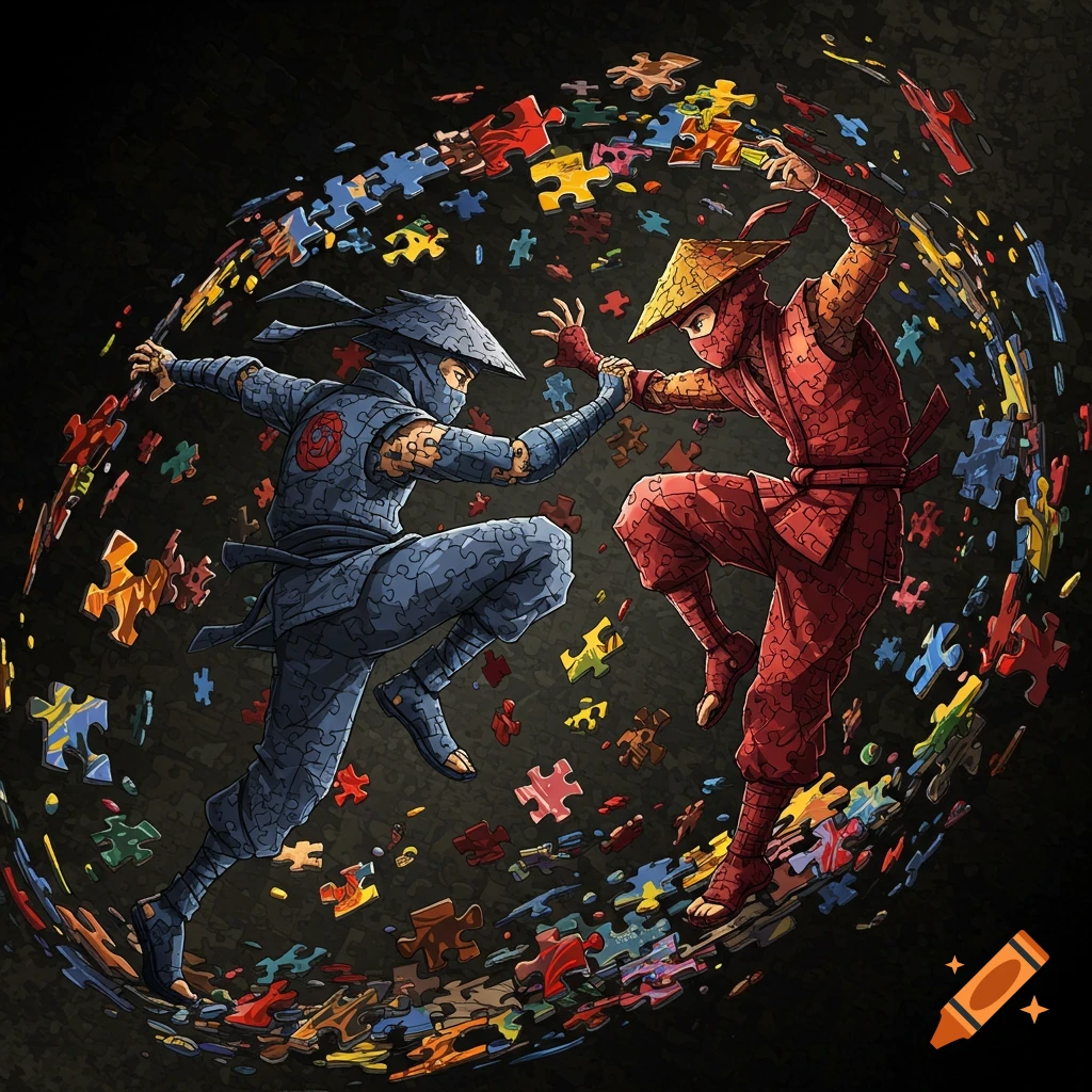 Blue and red ninjas fighting within a swirling vortex of puzzle pieces, illustration.