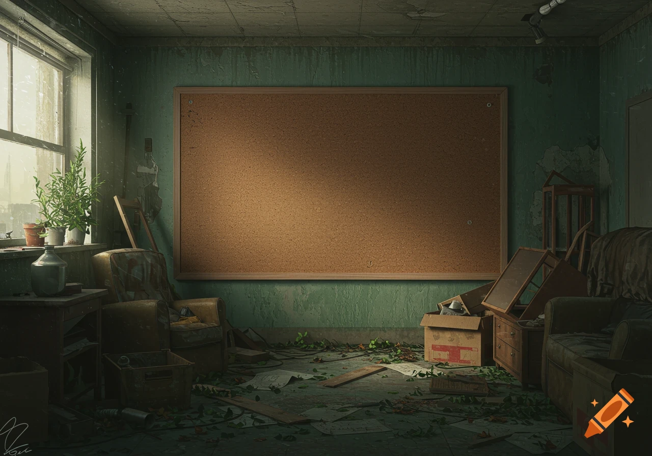 A dark, cluttered room with peeling paint, a large empty corkboard, abandoned furniture, plants on a windowsill, and debris scattered on the floor.