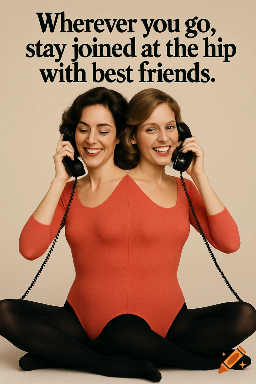 Two women fused at the body, sitting cross-legged in red leotards and black tights, talk on separate phones. Text says 'Wherever you go, stay joined at the hip with best friends.'