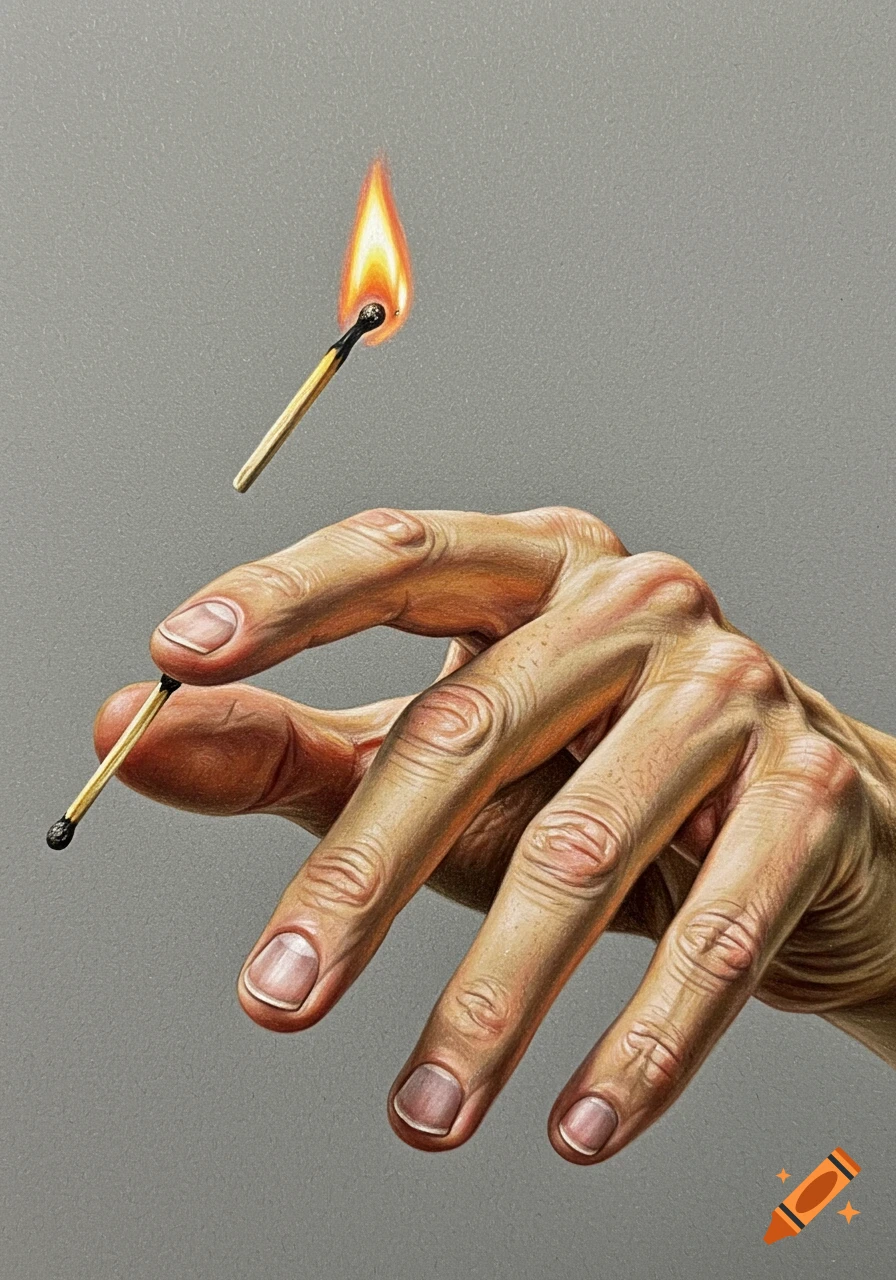 A colored pencil drawing of a hand reaching towards a floating, lit match.