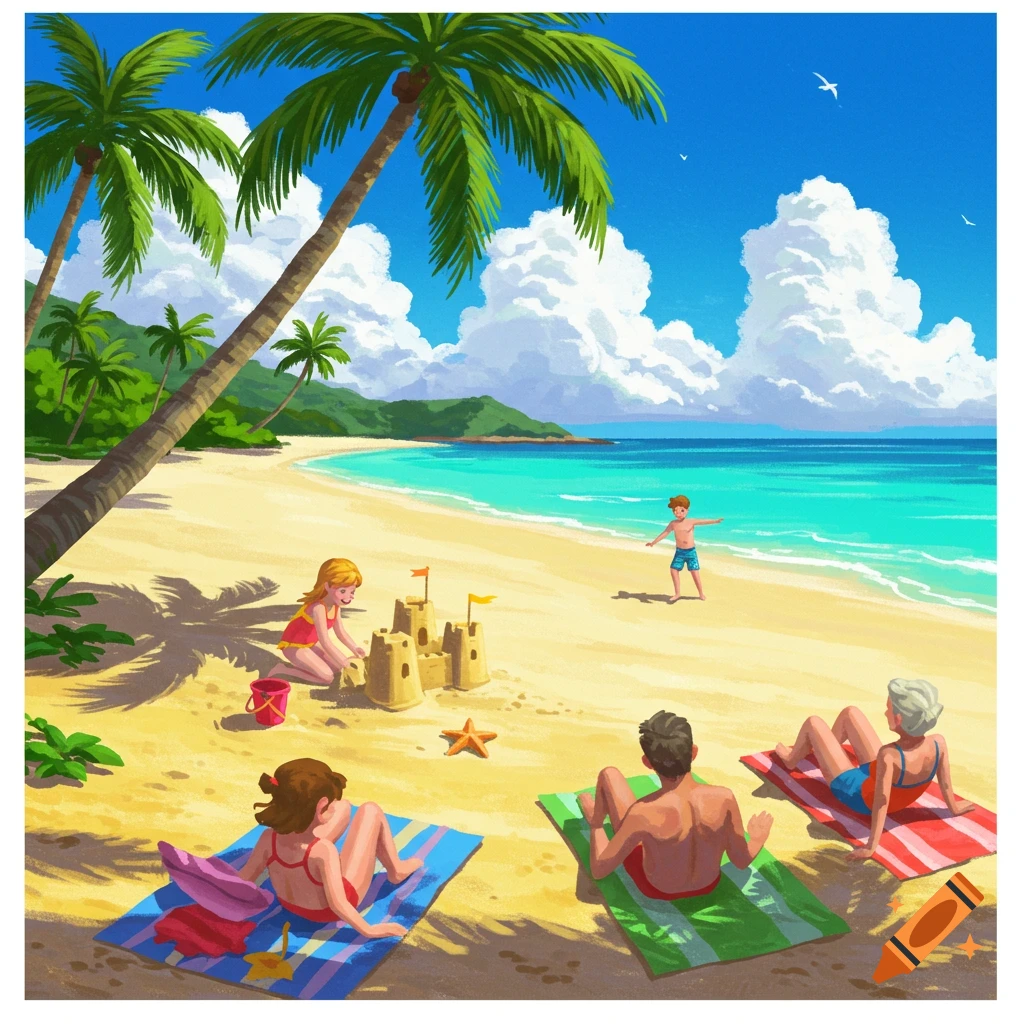 Illustration of people enjoying a sunny tropical beach, with a girl building a sandcastle and others relaxing.