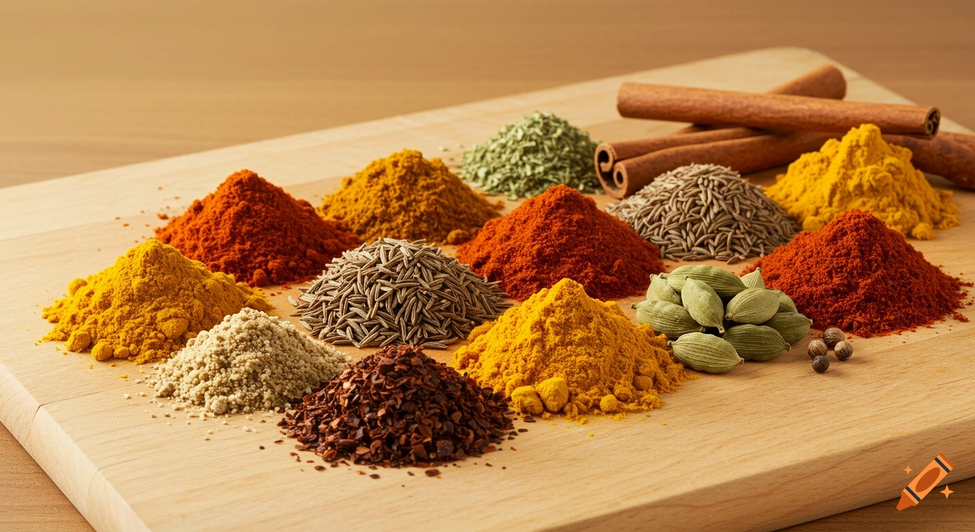 Piles of colorful spices including turmeric, paprika, cumin, and chili flakes with cinnamon sticks and cardamom pods on a wooden cutting board.
