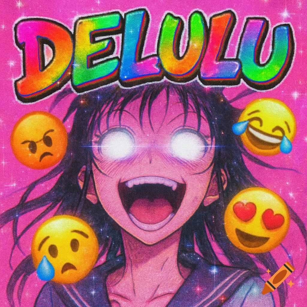 DELULU text above a distorted anime face with glowing eyes, surrounded by emojis, against a pink glitter background.